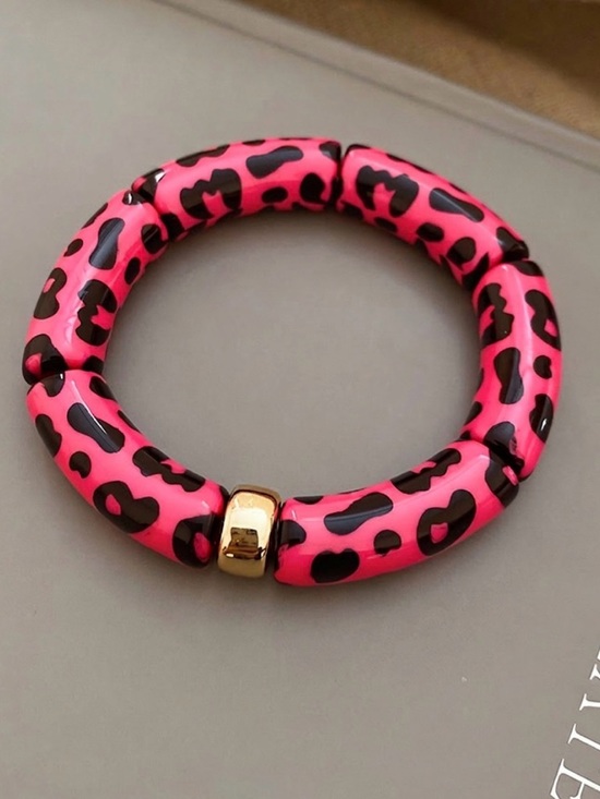Jewelry - Pink Leopard Print Stretch Bracelet with Gold Accent